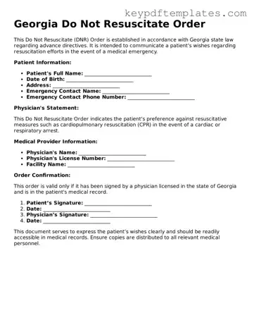 Legal Do Not Resuscitate Order Document for the State of Georgia