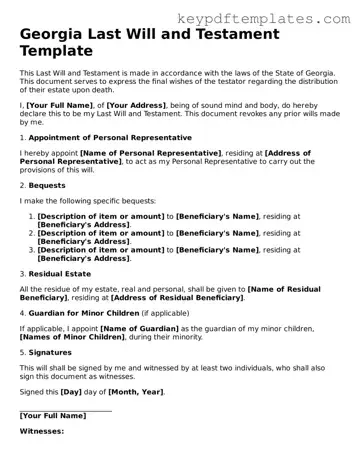Legal Last Will and Testament Document for the State of Georgia