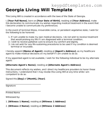 Legal Living Will Document for the State of Georgia