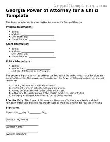 Legal Power of Attorney for a Child Document for the State of Georgia