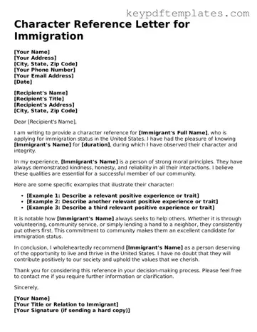Printable Character Reference Letter for Immigration Template