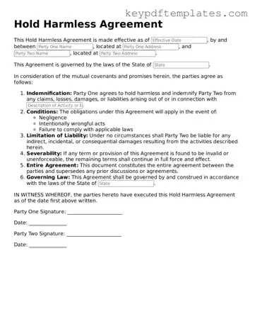 Printable Hold Harmless Agreement Template