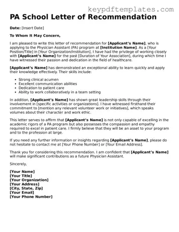 Printable PA School Letter of Recommendation Template