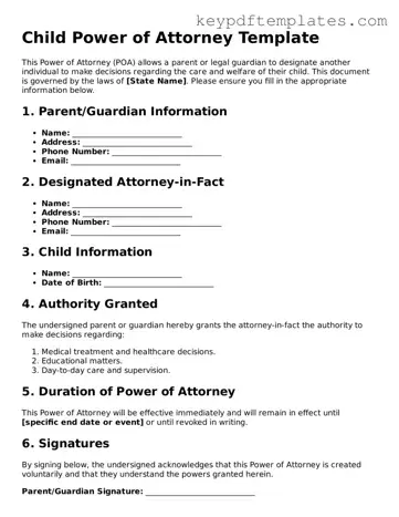 Printable Power of Attorney for a Child Template