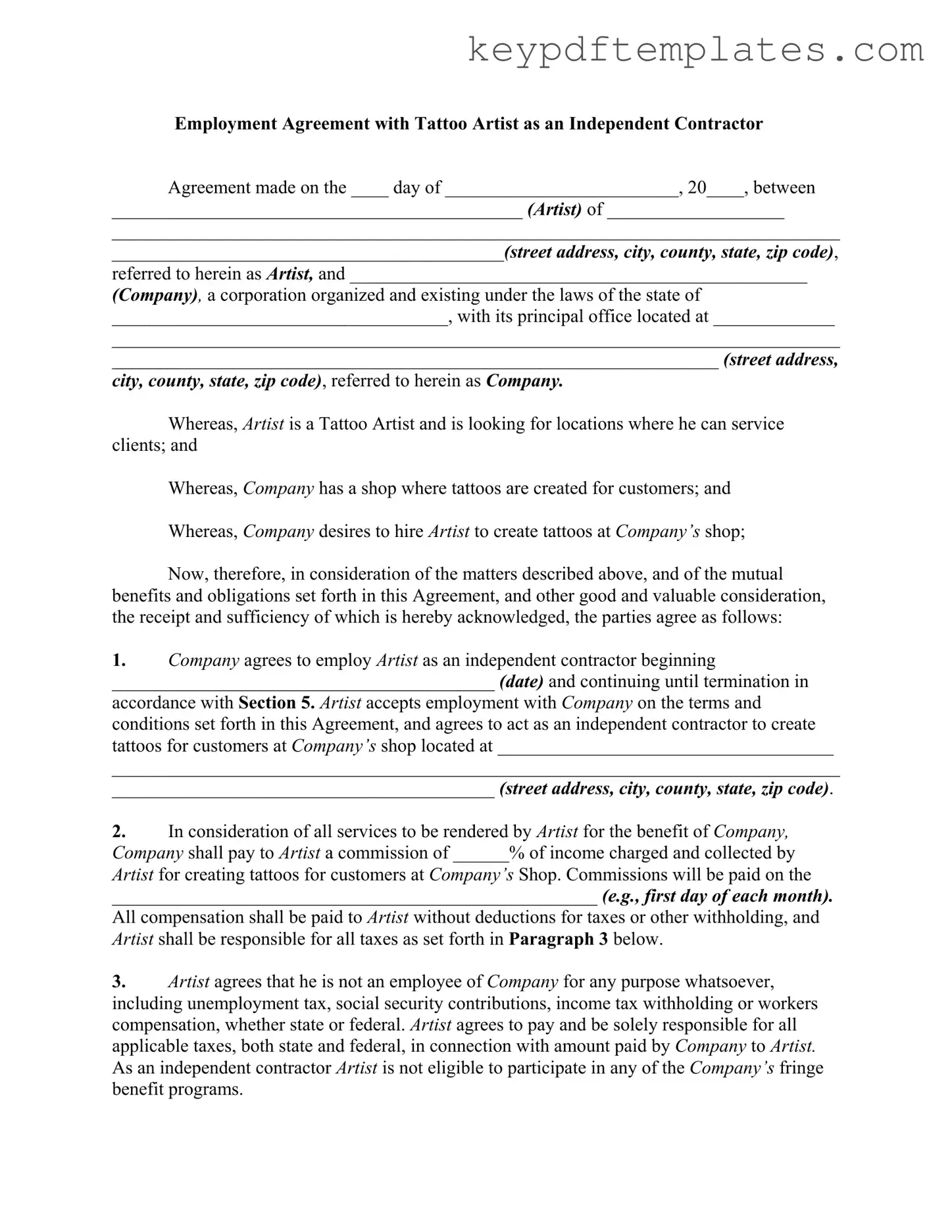 Get Tattoo Shop Artist Agreement Form
