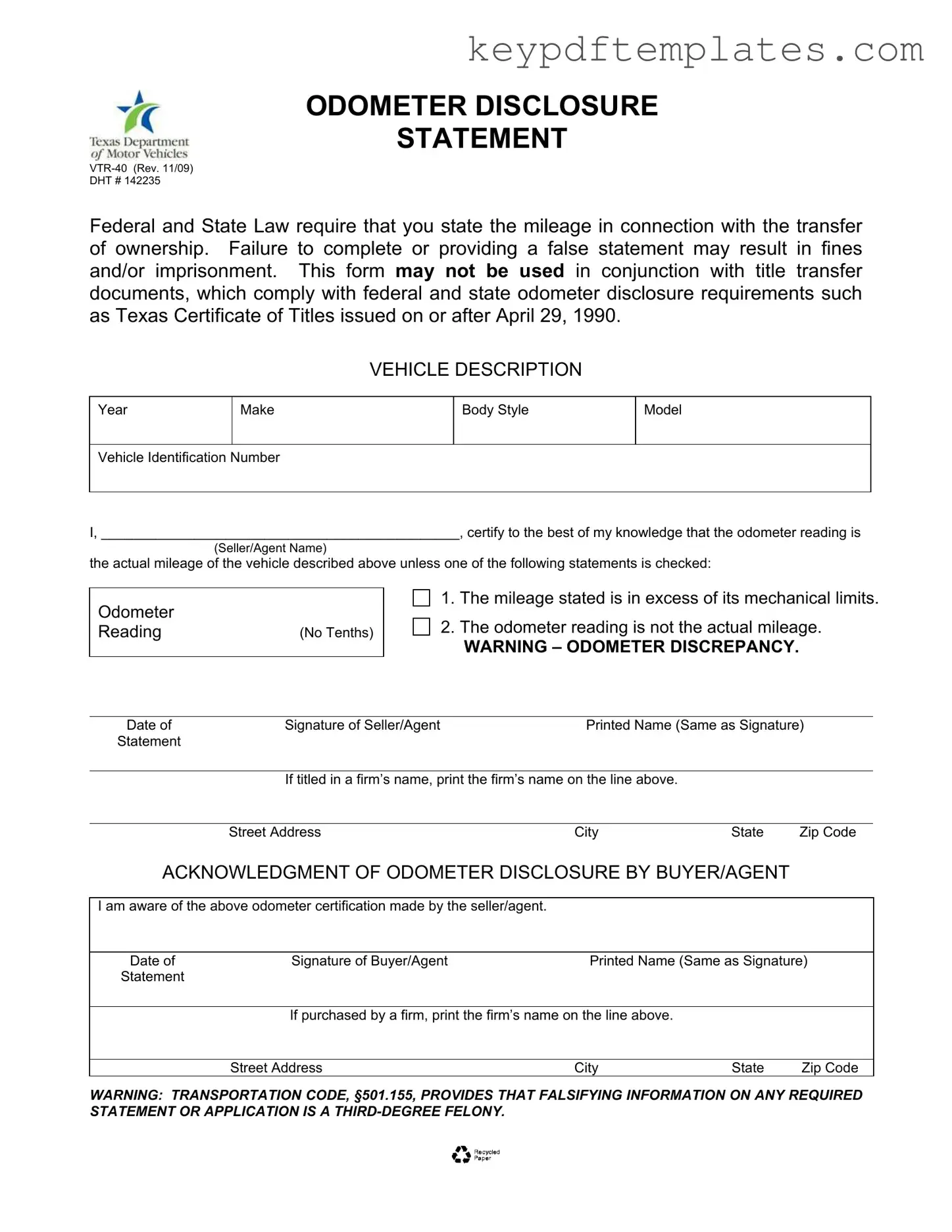 Get Texas Odometer Statement Form