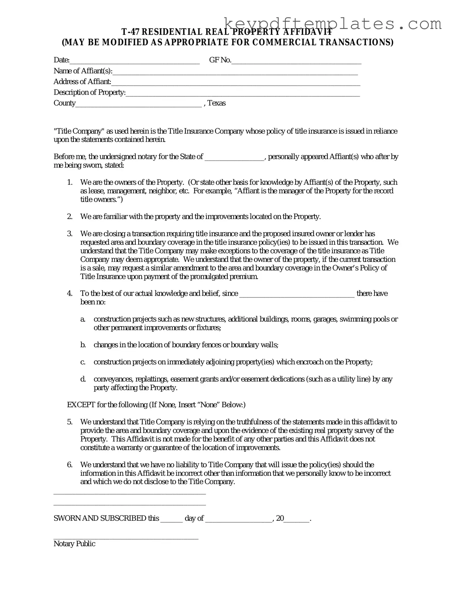 Get Texas residential property affidavit T-47 Form