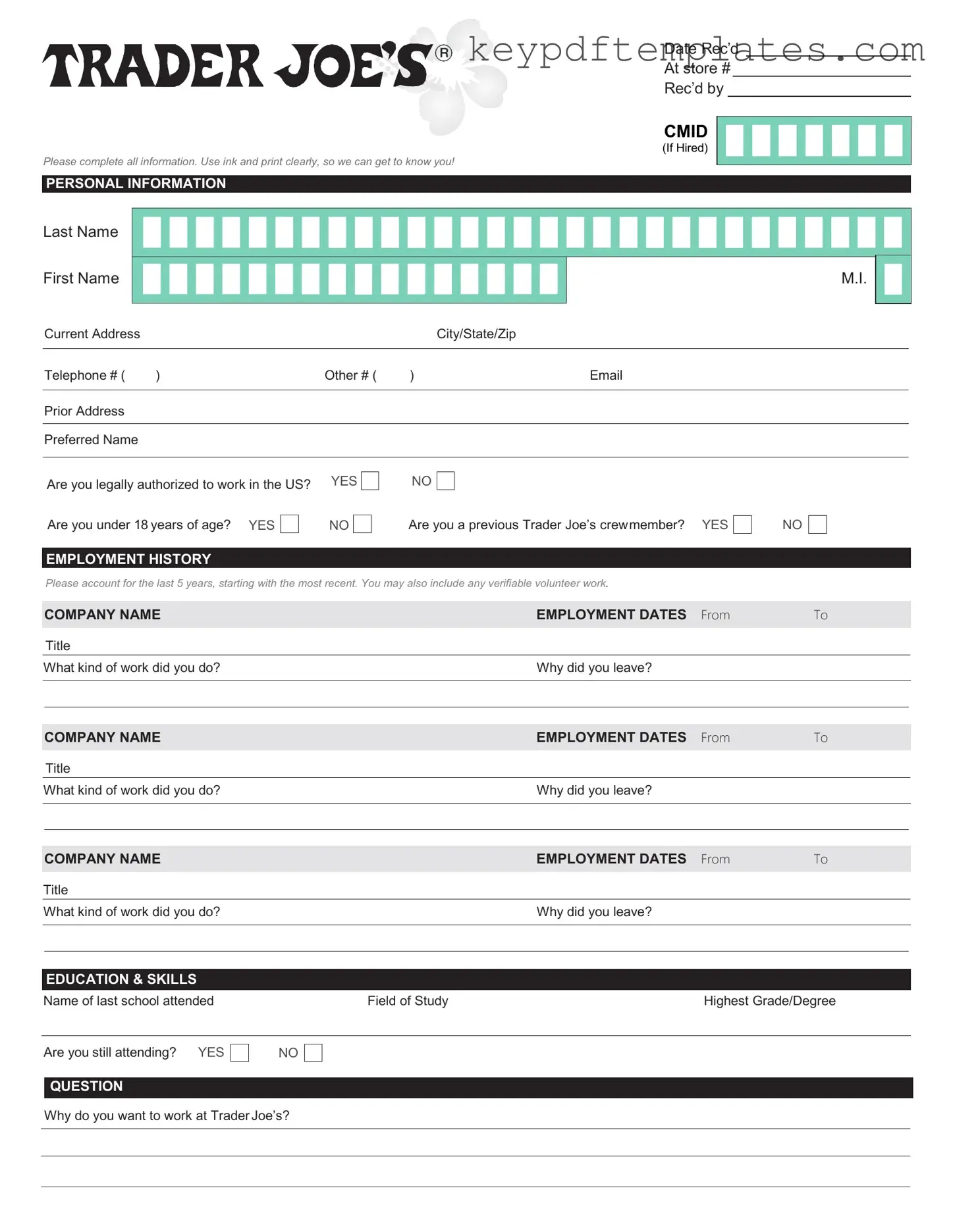 Get Trader Joe's application Form