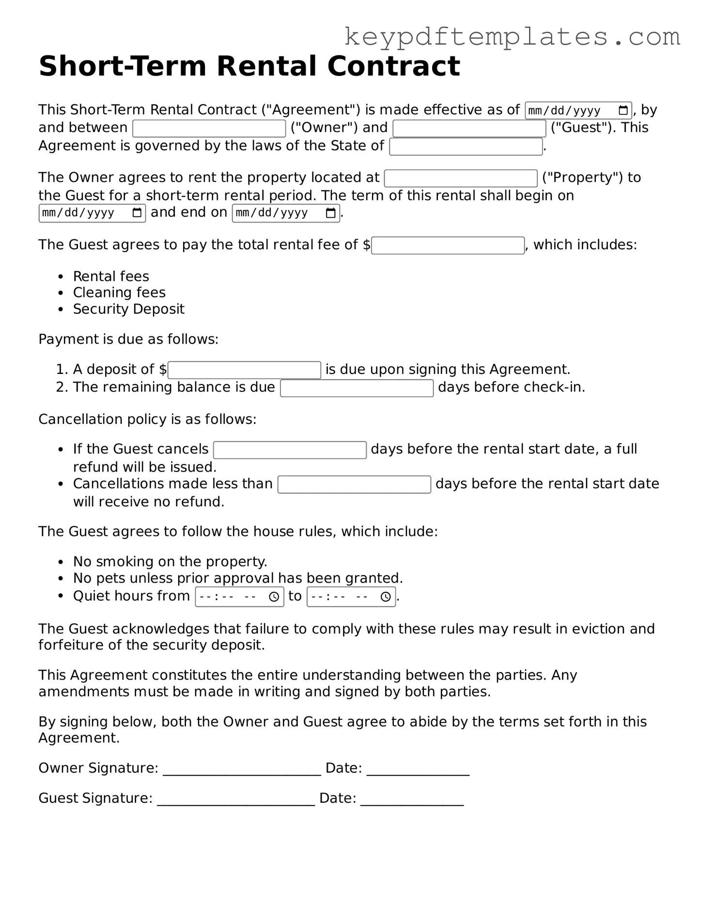 Printable Short-Term Rental Contract Template