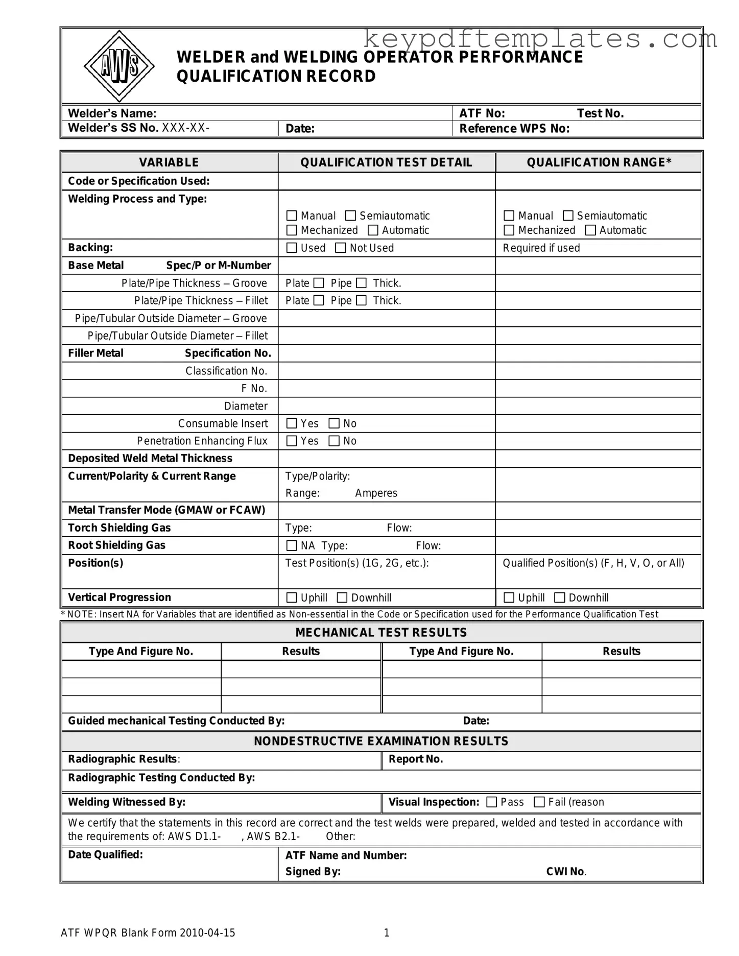 Get Welder Performance Qualification Record Form